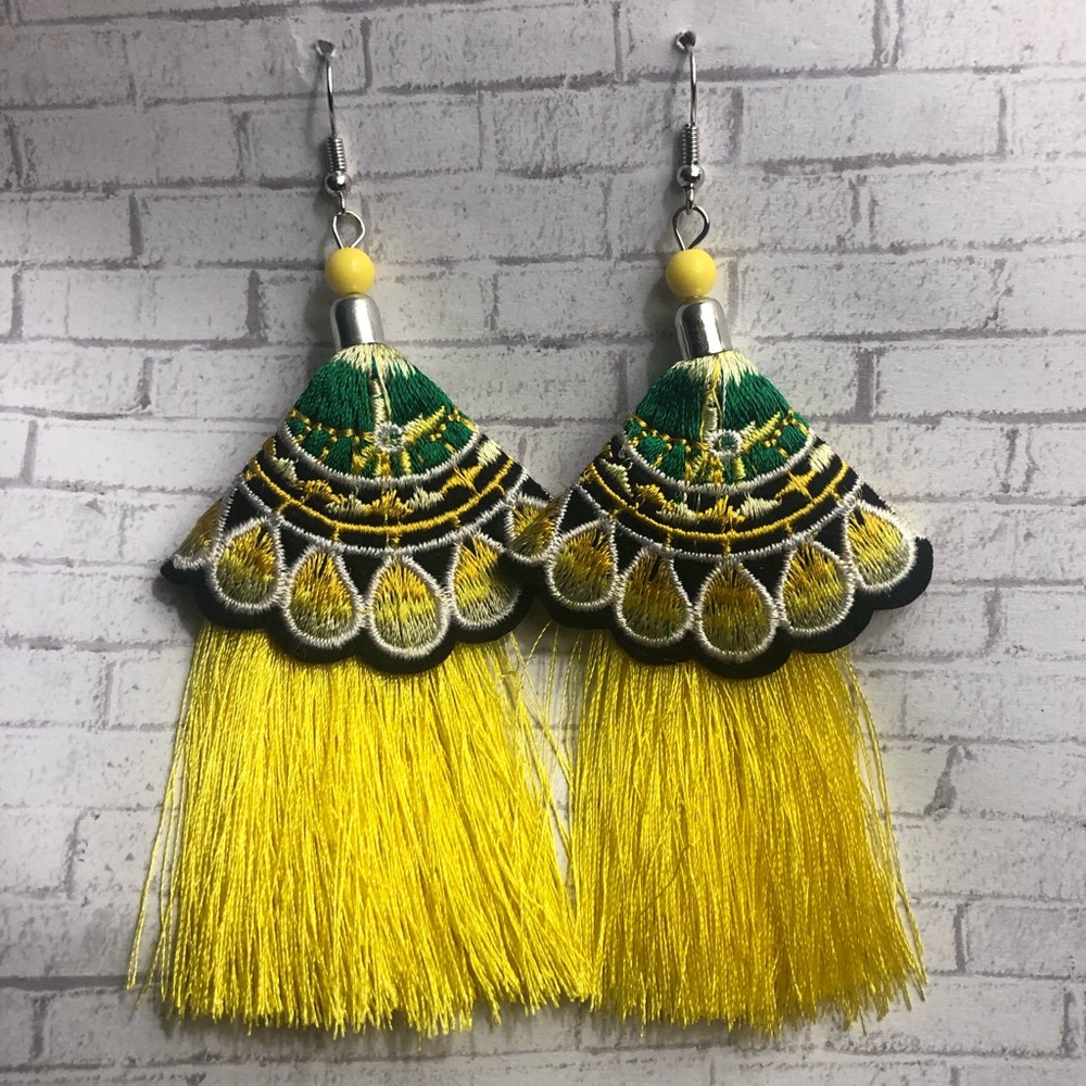 Yellow & Green Tassel Drop Earrings - Unbranded Boho Statement